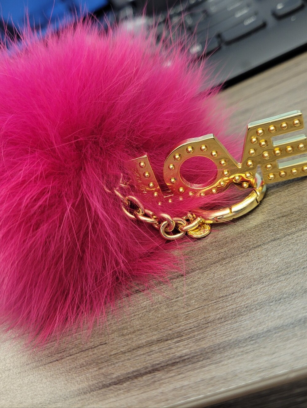 $80 MK Ultra Pink XL Gold Tone LOVE Fur Keychain Bag Charm